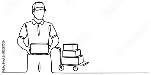 Continuous line drawing of a delivery man holding a box next to a hand truck with packages.