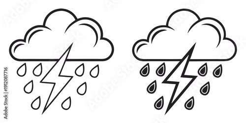 Two dark clouds with lightning and rain, one with heavier precipitation than the other
