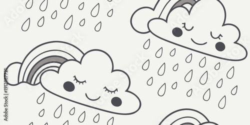 A whimsical illustration of clouds with faces and colorful weather elements