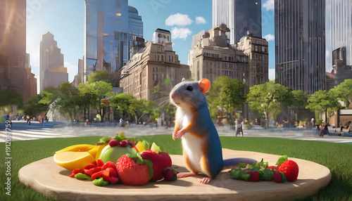 Cute Mouse Standing Beside Fresh Fruit on Wooden Platform in Modern City Plaza