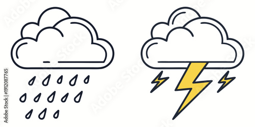Two clouds with precipitation and lightning, one with rain and the other with a lightning bolt.