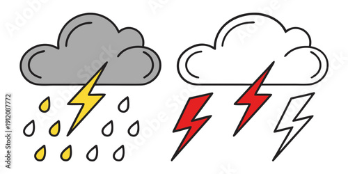 Two clouds, one with rain and lightning, the other with lightning only.
