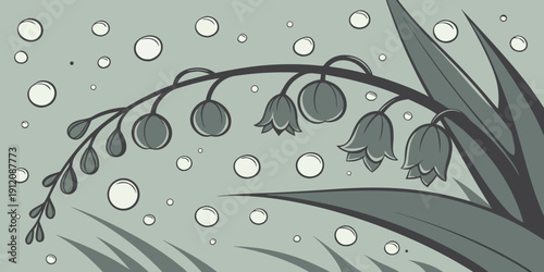 A serene winter scene with delicate snowflakes and a lone tree branch adorned with icicles.