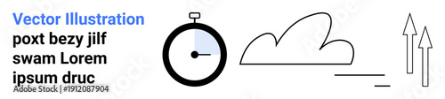 Time management, productivity, efficiency, progress, goal setting, innovation. A stopwatch, cloud and upward arrows in a minimal style. Time management and productivity concept