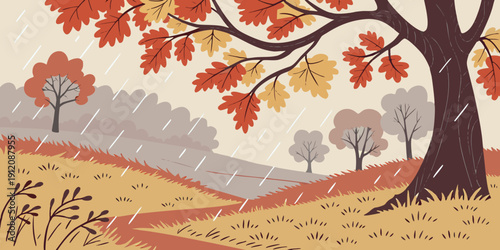 A serene autumn landscape with a tree shedding its leaves over a vast field