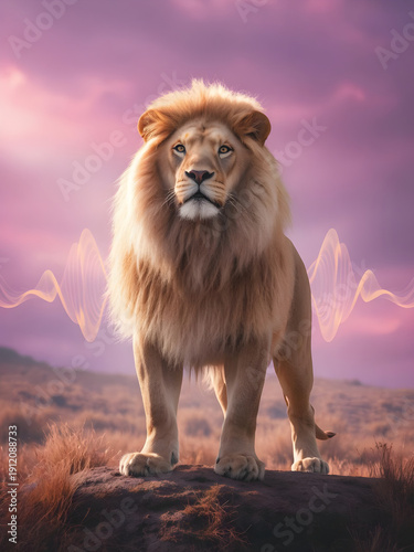 Male Lion Standing on Rock Against Purple Sky Background