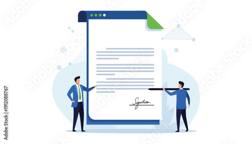 Business partners signing important contract on large digital document illustration
