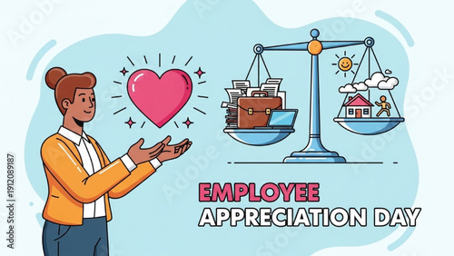 High-quality black outline colorful art of an employee receiving a heart symbol of appreciation with a balanced scale representing work-life balance, Employee Appreciation Day illustration