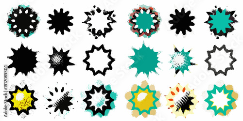 Abstract starburst patterns in varying colors and textures arranged in a grid