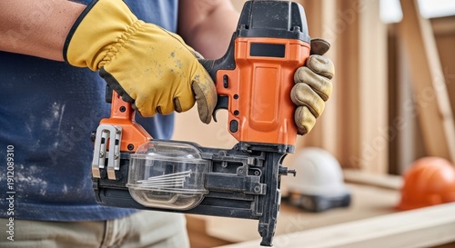 Construction worker with nail gun, close-up on hands and tool, building framing