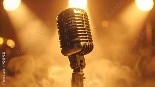 Vintage Microphone on Stage with Warm Lighting Atmosphere.