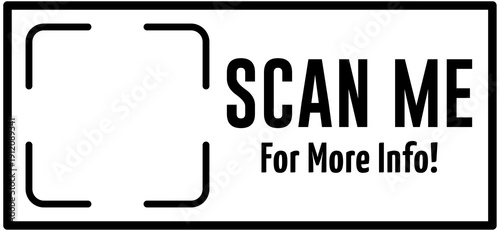 Scan me for more info, black frame. QR code, barcode, printable scan here, sticker template. Vector illustration transparent PNG background