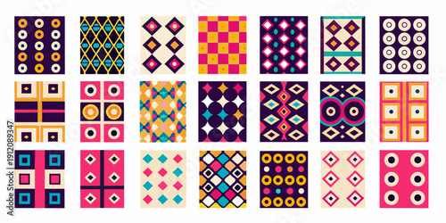 Colorful geometric patterns arranged in a grid formation on a white background