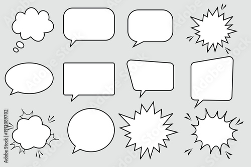 Minimalist Black and White Chat Bubble Icon Set for Communication, Messaging Apps, Social Media, and Web Interface Design