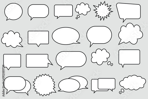 Minimalist Black and White Chat Bubble Icon Set for Communication, Messaging Apps, Social Media, and Web Interface Design