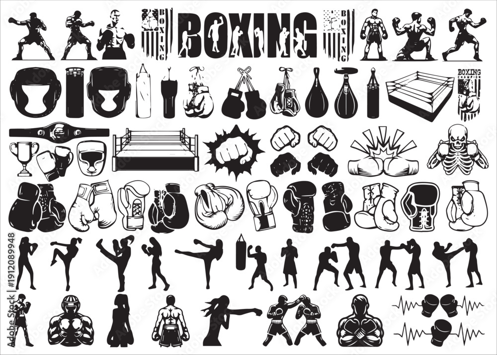 Obraz premium Boxing Equipment And Fighter Silhouette Icons Sets