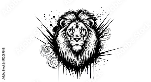 Dramatic lion face illustration with black ink splashes and swirls.