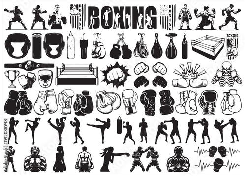 Boxing Equipment And Fighter Silhouette Icons Sets