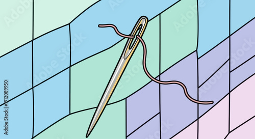 Close-up of a needle with thread on a colorful background.