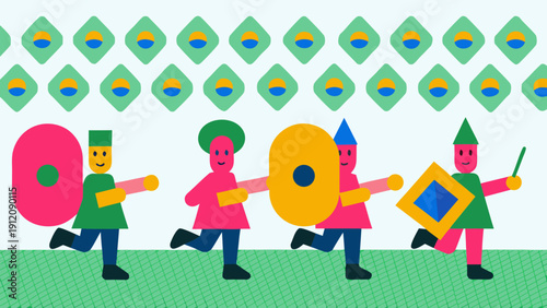 Vibrant cartoon characters marching in playful procession