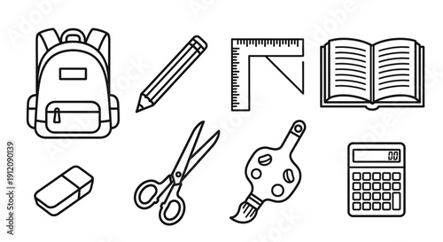 School Supplies Outline Icons Set for Education and Learning