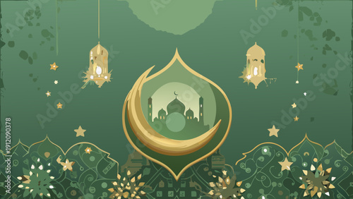 Elegant mosque design with crescent moon and lanterns for Ramadan