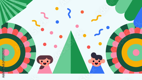 Happy children celebrating with colorful confetti and balloons