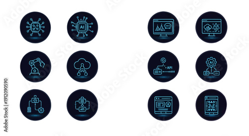 Science icons depict various scientific concepts and tools on a screen.