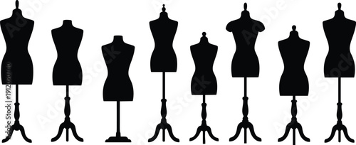 Eight dress form silhouette illustrations, black mannequin designs in varied torso shapes and stand styles for fashion tailoring.