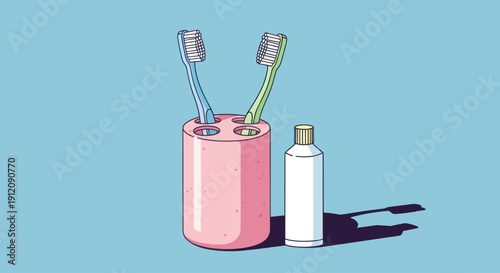 Two toothbrushes in a holder with toothpaste and shadow