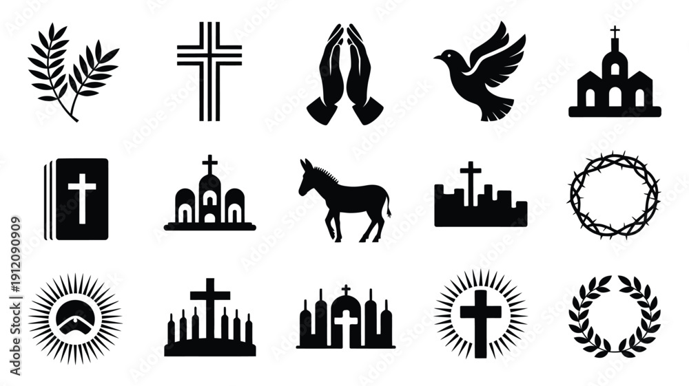 Naklejka premium Elegant palm sunday silhouette icons set religious symbols and objects for design