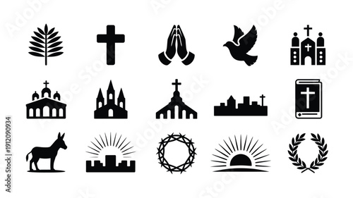 Palm sunday symbols and icons set black silhouettes on white background religious easter elements crosses churches palms and doves