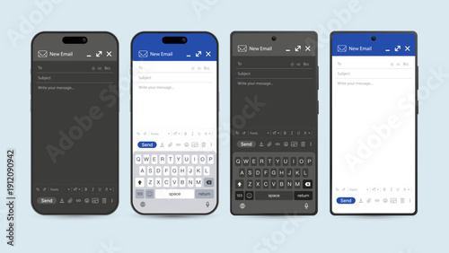 Mobile Email App Compose Screen Mockup Set on Smartphones, Light and Dark Mode UI Design, Email Messaging Interface Template Vector Illustration