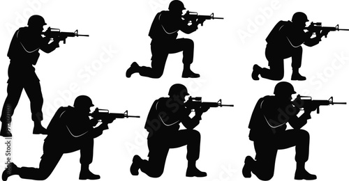 Black Silhouette Illustration of Armed Soldiers Holding Rifles Depicting Tactical Shooting Stances, Combat Training, Warfare, and Military Concept