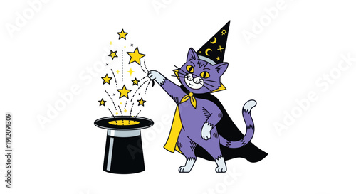 A purple cat in a wizard hat and cape performs a magic trick with stars.