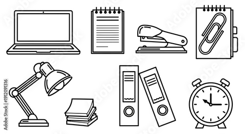 Collection of black and white office and stationery icons.