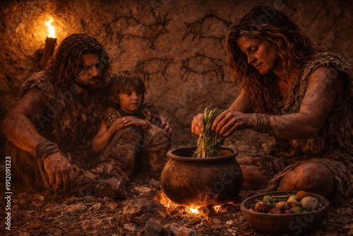 Paleolithic family cooking meal inside ancient cave shelter