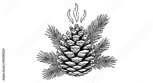 Pine cone and evergreen branches, black and white sketch.