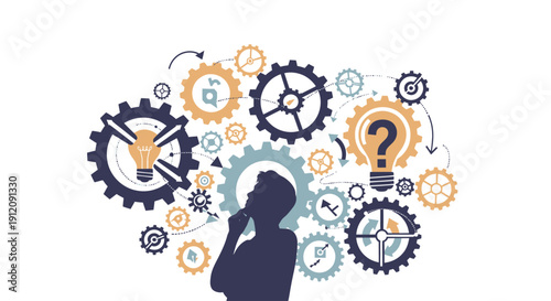 Man thinking with gears and lightbulbs representing ideas and problem solving.