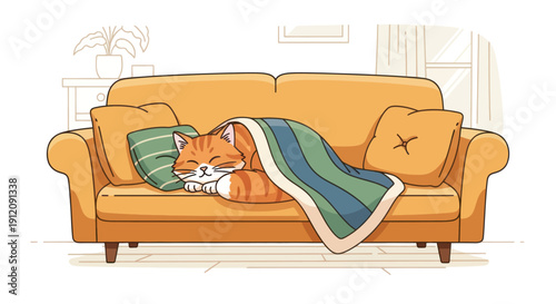 Cute cat sleeping peacefully on a comfortable sofa.