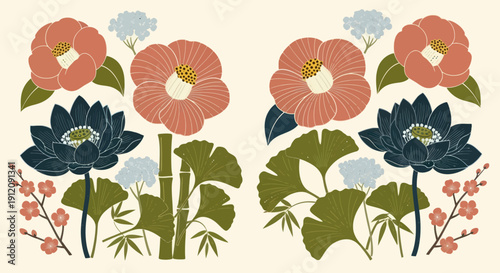 Japanese floral pattern with camellias, lotus, ginkgo, and bamboo