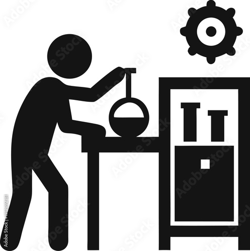 A person conducts a chemical experiment using laboratory glassware and test tubes
