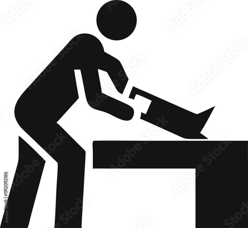 A person diligently saws a piece of wood on a sturdy workbench surface