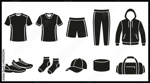 A collection of athletic clothing and accessories