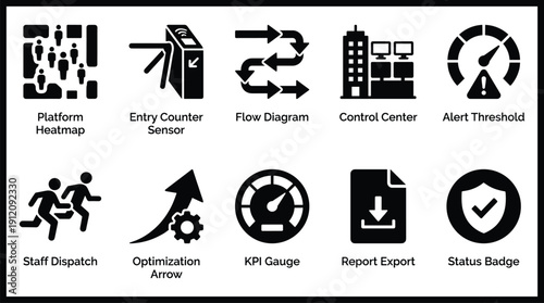 A collection of black and white icons for business operations