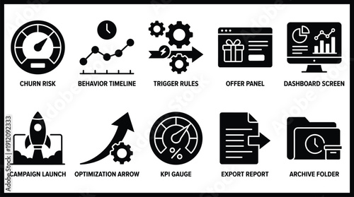 A collection of black and white icons for business analytics and marketing