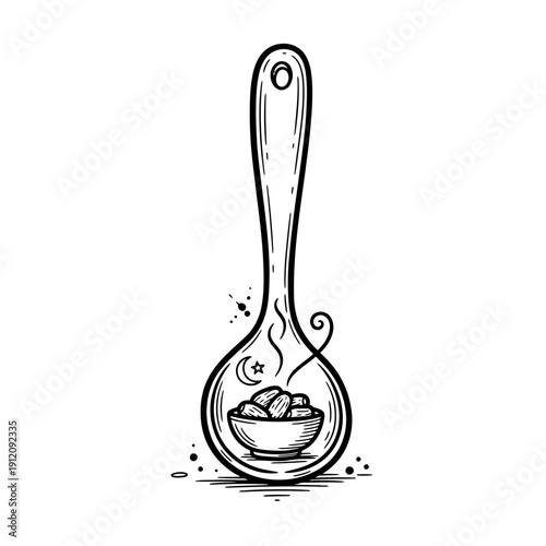 Black and White Illustration of Ladle with Soup.