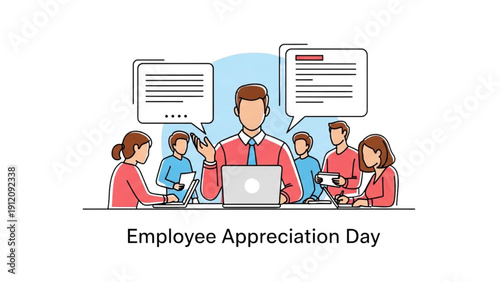High-quality black outline colorful art of a confident employee working at a desk and a positively engaged group meeting, Employee Appreciation Day illustration