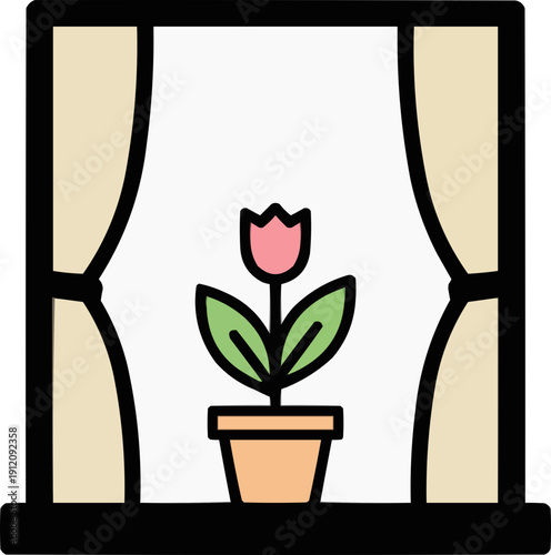Spring season concept with a beautiful pink tulip in a pot on a windowsill framed by curtains. Minimalist flat vector illustration of indoor plants. Cozy home interior scene for first day of spring