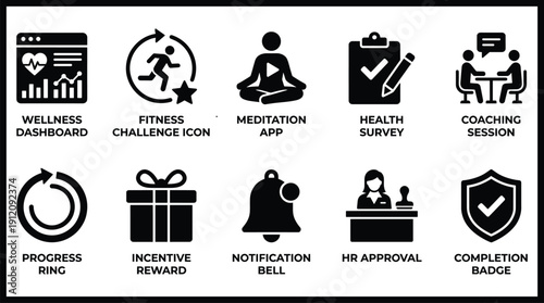 A collection of black and white icons for health and wellness